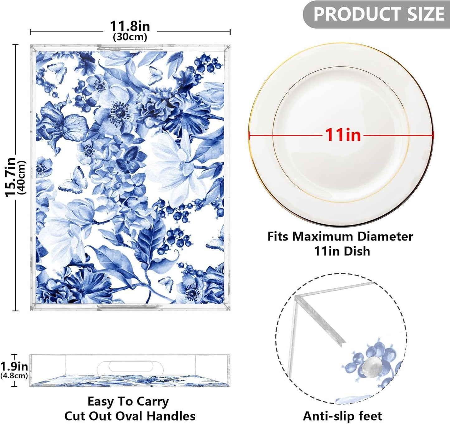 Acrylic Serving Tray with Handles Spill Proof Kitchen Storage Tray Clear Decorative Tray Makeup Drawer Organizer Storage Tray for Bathroom Living Room Ottoman 15.7x11.8Inches