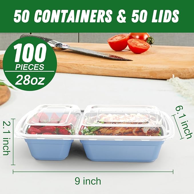 50 Pack (100-Piece) 28 oz Meal Prep Containers Reusable with Lids 2-Compartment, Sturdy Leakproof Food Safe, Microwave Freezer Dishwasher Safe, To Go Take Out Plastic Food Storage, Blue
