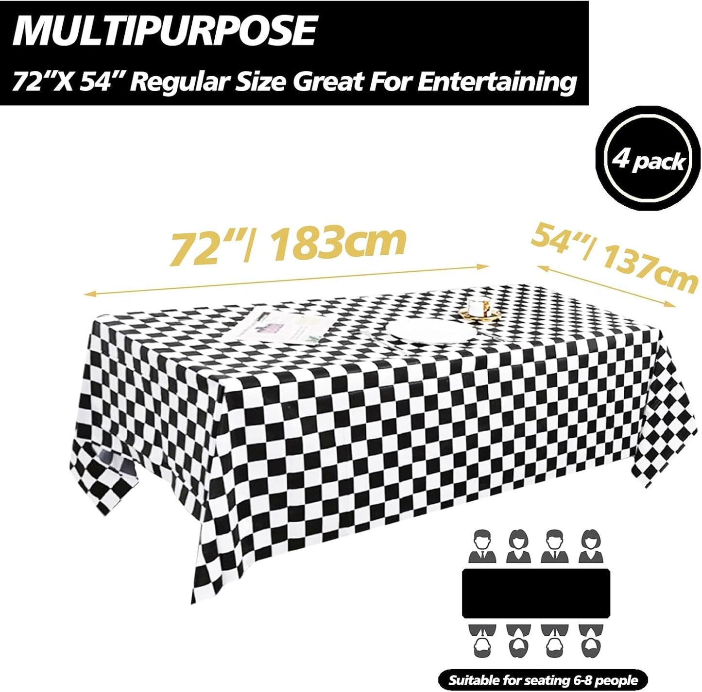 FUNTOOB Black and White Checkered Tablecloth 4 Pack Plaid Tablecloth Race Car Table Cloth for Race Car Birthday Party Decorations Racing Birthday Party Supplies, 54" X 72"