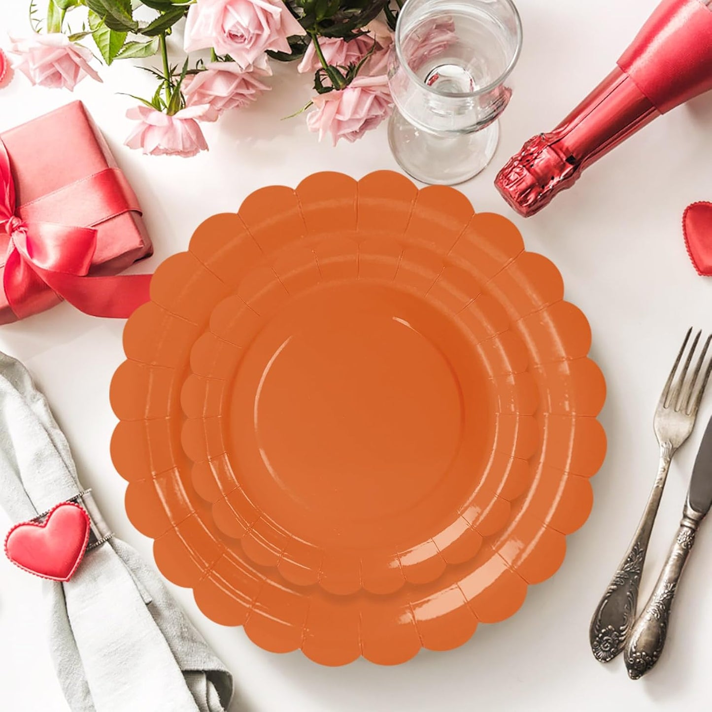50 Pcs Orange Scalloped Paper Plates 25 × 7'' and 25 × 9'' Disposable Orange Scalloped Dinner Plates for Wedding Baby Shower Birthday Thanksgiving Party Fall Dessert Plate