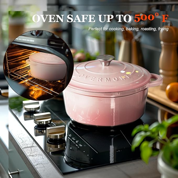 Overmont Enameled Cast Iron Dutch Oven - 7QT Pot with Lid Cookbook & Cotton Potholders - Heavy-Duty Cookware for Braising, Stews, Roasting, Bread Baking pink