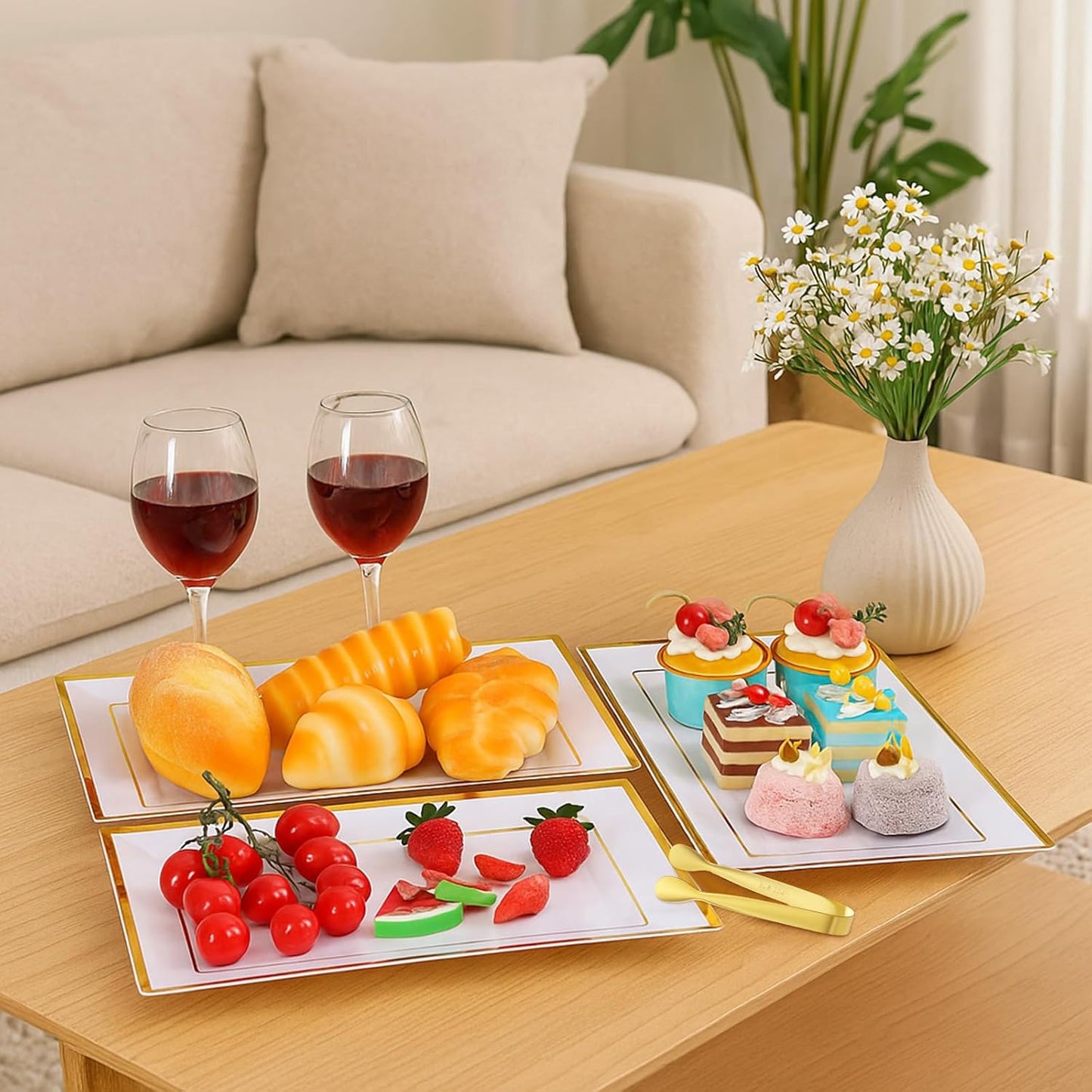 8 Sets Plastic Serving Trays, White & Gold Rim Party Serving Tray and Platter with 8 Serving Tongs, Disposable Dessert Trays for Fruit, Dessert, Cookies, Appetizers, Holiday Parties