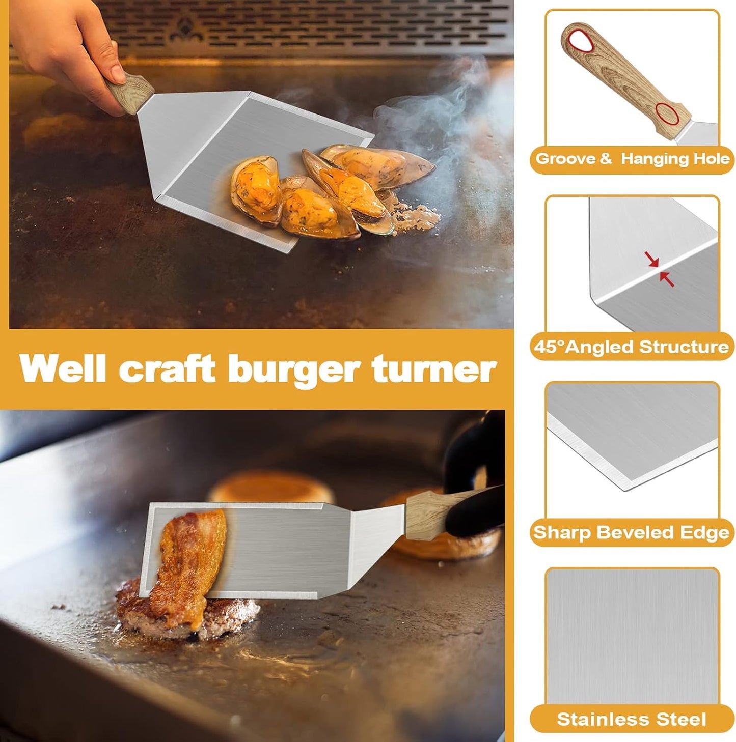 Metal Spatula Set of 5, HaSteeL Heavy Duty Griddle Accessories Kit, Durable Stainless Steel Burger Turner Flipper Scraper Tools for Flat Top Grill Teppanyaki Cast Iron, Indoor & Outdoor, Easy to Clean