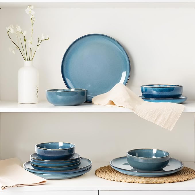 Plates and Bowls Sets, Ceramic Dinnerware Sets, 12 Pieces Modern Stoneware Dinnerware Set for 4, Reactive Glaze Dinnerware Set for Home Kitchen, Scratch Resistant, Microwave and Dishwasher