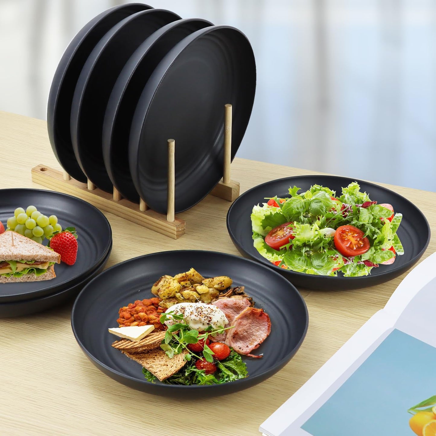 Wheat Straw Plates Set of 8, 9 Inch Dinner Plate for Camping, Picnic, Unbreakable Plastic Plates Reusable, Microwave & Dishwasher Safe Kitchen Plate for Breakfast, Lunch (Black)