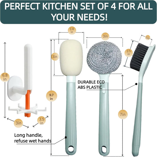 Dish Brush Set of 4 with Holder.Interchangeable Heads Kitchen Scrub Brush,Dishwashing Brush Set with Extended Handle,for Cleaning Pots,Pans,Bottles,Cups,Sinks,scrubbers for Dishes.Green