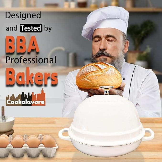 Dutch Oven for Bread Baking,6 Quart Enamel Bread Oven for Sourdough,10.5"Bread Oven with Lid,Bread Pans for Homemade Bread,White Thick Enamel Bread Pan-with Silicone Baking Mat&Recipe,Gifts for Family