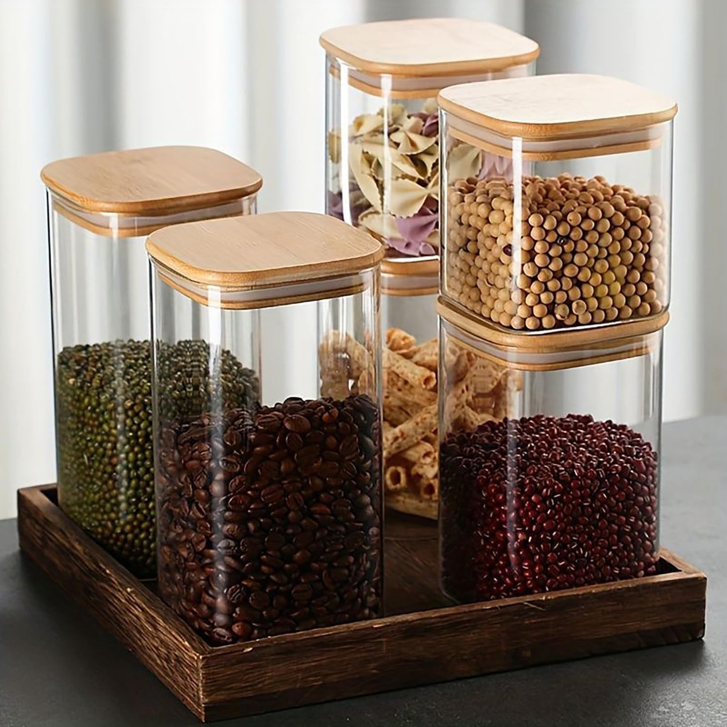 6 Pack Glass Food Storage Jars with Airtight Lids, Clear Glass Jar with Bamboo Lid, Airtight Food Canister for Tea, Candy, Coffee, Sugar, Cookie, Snack. (Square| 5+6 Inch) SET of 3