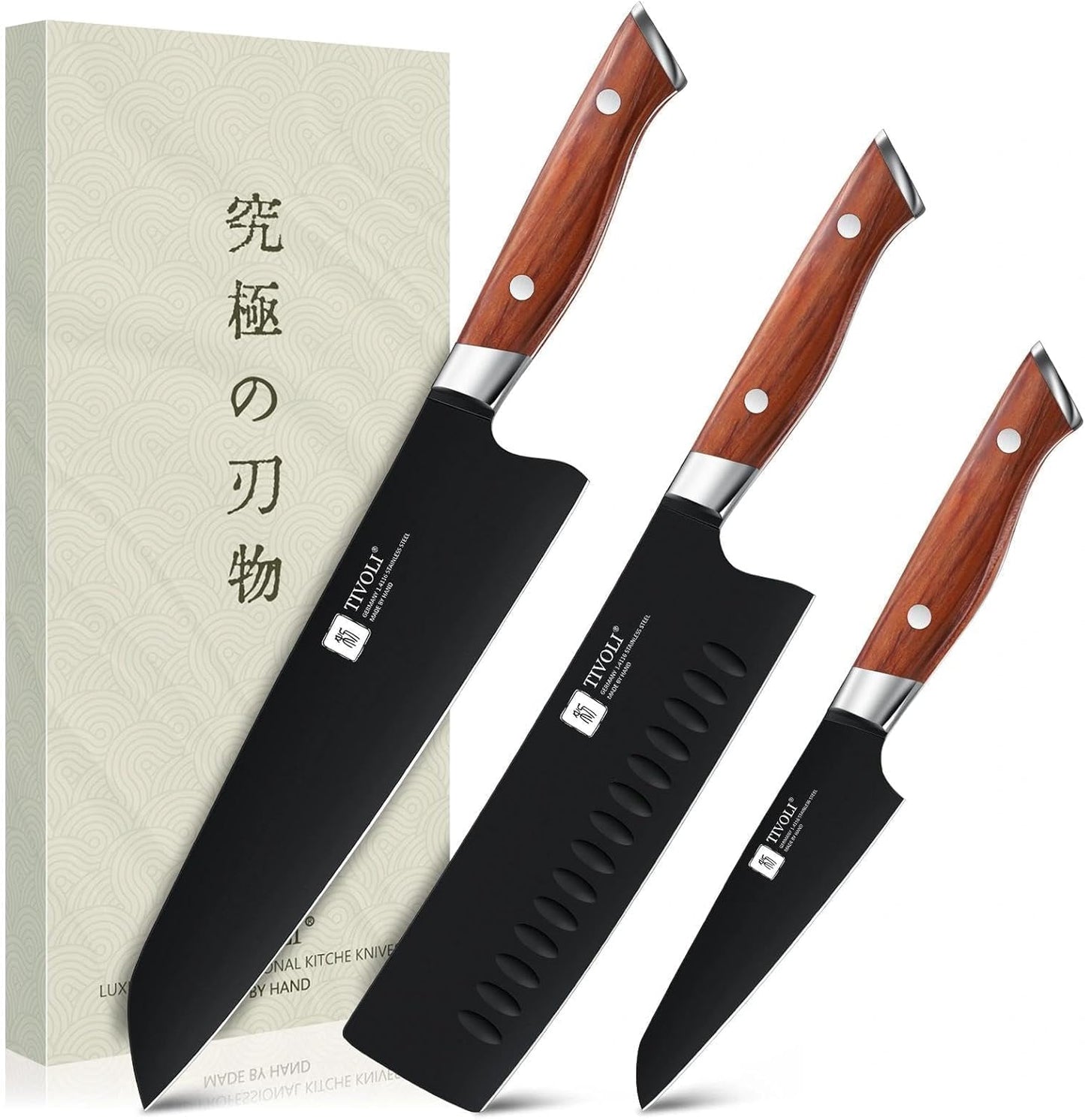 TIVOLI Chef Knife Set, Professional 3PC Kitchen Knife Set, High Carbon Steel Ultra Sharp Deep Cooking Knife Set with Ergonomic Wood Handle for Meat Vegetable Fruit, Dad Mom Gift