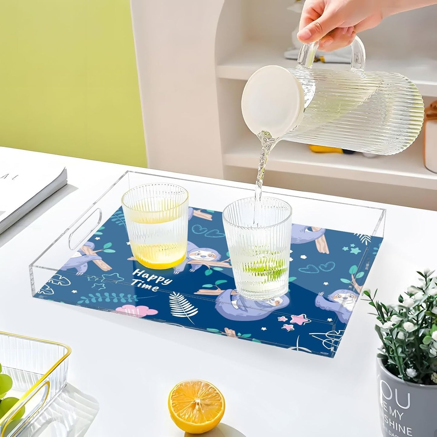 Acrylic Serving Tray with Handles Spill Proof Kitchen Storage Tray Clear Decorative Tray Makeup Drawer Organizer Storage Tray for Bathroom Living Room Ottoman 15.7x11.8Inches