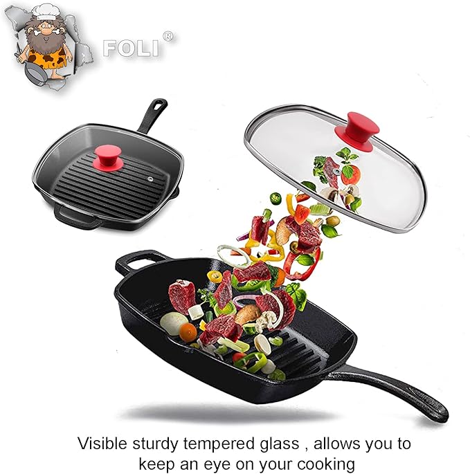 FOLI Square Glass Lid for Grill Pans with Steam Vent Hole - Fits Lodge Cast Iron Skillets 10.5inch/26.67cm Silicone Potholder- Square Tempered Glass Lid - Universal Replacement Cover Silicone Knob