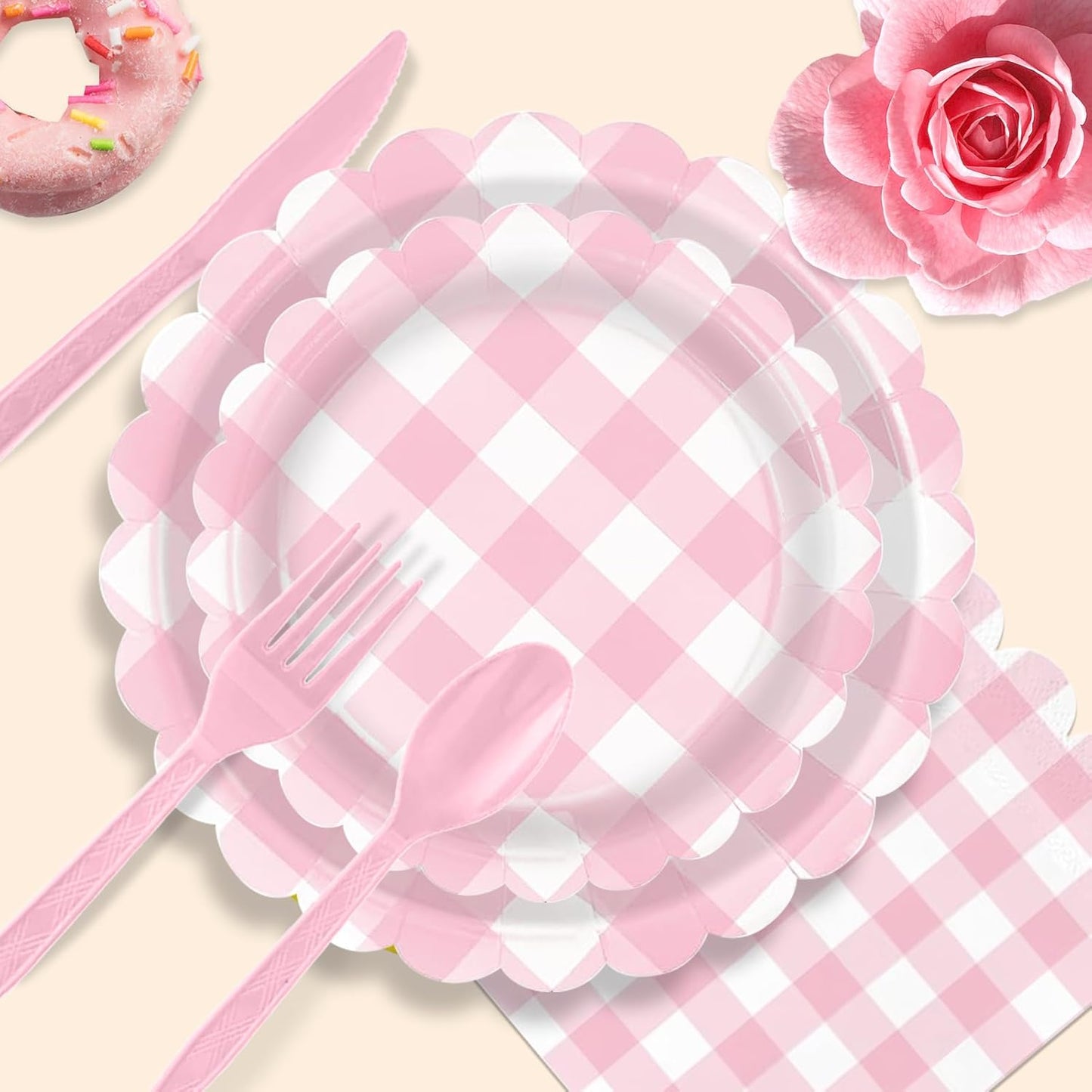 192 PCS Gingham Party Supplies Serve 24 Guests Gingham Plates and Napkins and Cups for Birthday Decorations Baby Shower Checkered Party Supplies Dinnerware Sets for Girl Boy Light Pink White