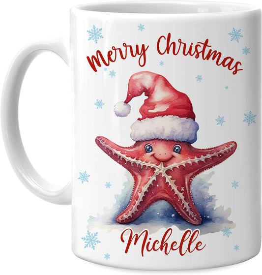 Hyturtle Personalized Gifts Starfish Lover - Merry Christmas Customized Name Ceramic Coffee Mug Cup 11oz - Cute Sea Animal Lovers Gifts For Women, Girl kids Family On Birthday, Christmas