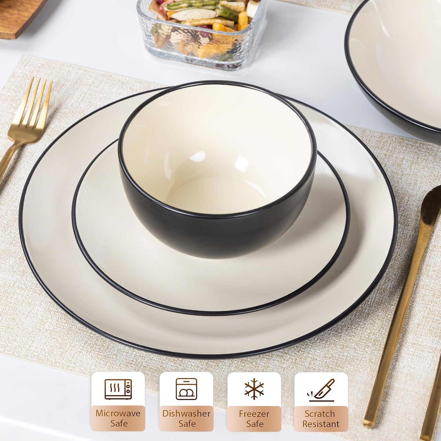 Plates and Bowls Sets for 4 - CJDC-QUELO 16-Piece Stoneware Dinnerware Sets, Ceramic Dishware Set for Indoor Kitchen Use and Formal Dining, Chip and Scratch Resistant Microwave Dishwasher Safe, Ivory