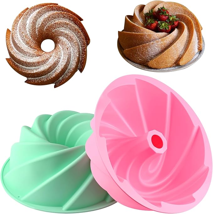 HUAKENER Large Fluted Cake Pan (2 Pack) - Nonstick Fluted Tube Pan, Large Round Silicone Mold for Cake, Brownie, Cornbread, Jello Cake ﻿