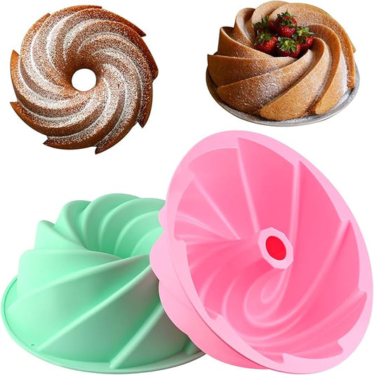 HUAKENER Large Fluted Cake Pan (2 Pack) - Nonstick Fluted Tube Pan, Large Round Silicone Mold for Cake, Brownie, Cornbread, Jello Cake ﻿