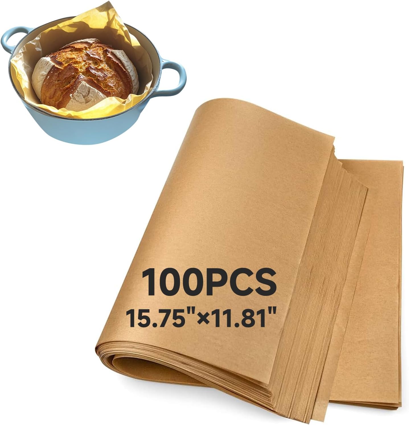 100Pcs Sourdough Parchment Paper for Dutch Oven, 15.75x11.81" Precut Brown Parchment Papers, Unbleached and Non-Stick Baking Paper Sheets, Dutch Oven Liners for Sourdough Bread