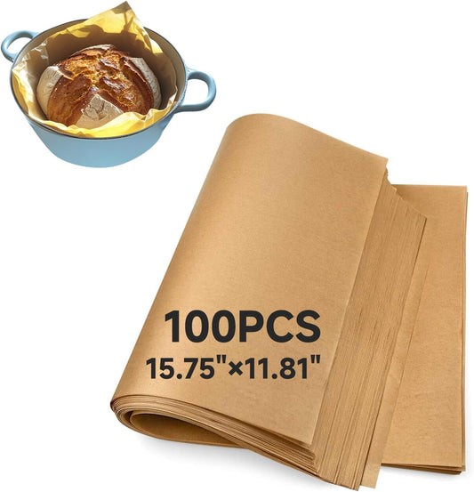 100Pcs Sourdough Parchment Paper for Dutch Oven, 15.75x11.81" Precut Brown Parchment Papers, Unbleached and Non-Stick Baking Paper Sheets, Dutch Oven Liners for Sourdough Bread