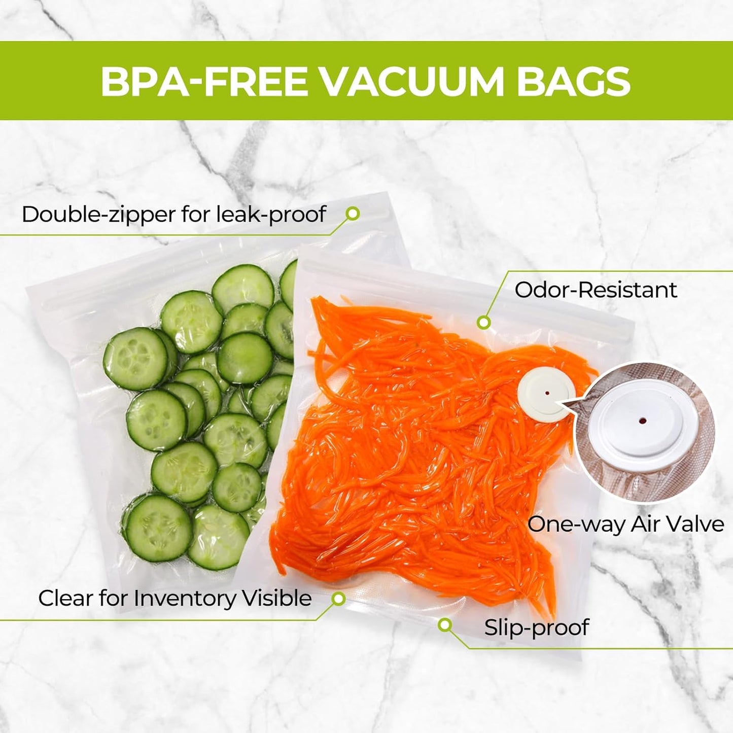 Reusable Vacuum Sealer Bags for Food with Air Valve, 50 Pack BPA‑Free Food Saver Bags Dishwasher‑Safe, Freezer,Microwave, Odor-Resistant, Leak‑proof for Leftovers, Meal Prep, Sous Vide, BBQ