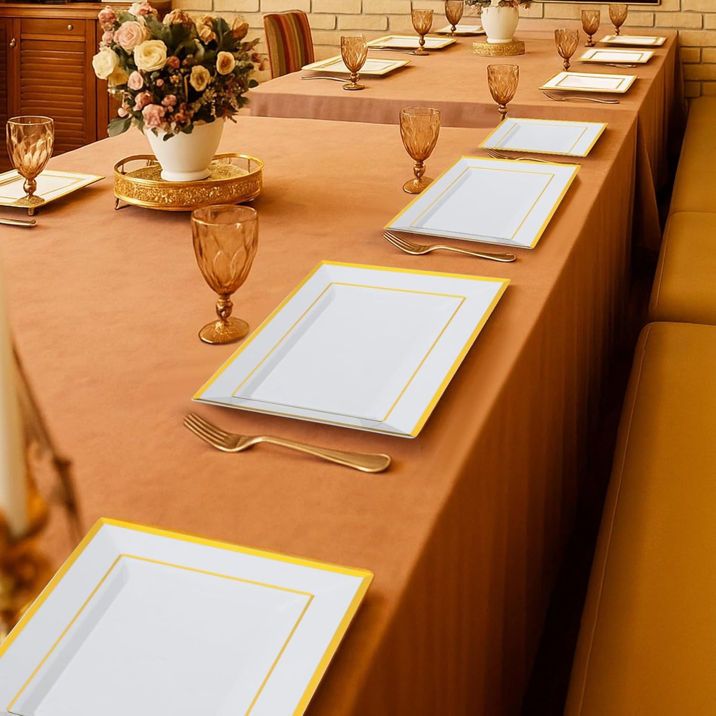 8 Sets Plastic Serving Trays, White & Gold Rim Party Serving Tray and Platter with 8 Serving Tongs, Disposable Dessert Trays for Fruit, Dessert, Cookies, Appetizers, Holiday Parties