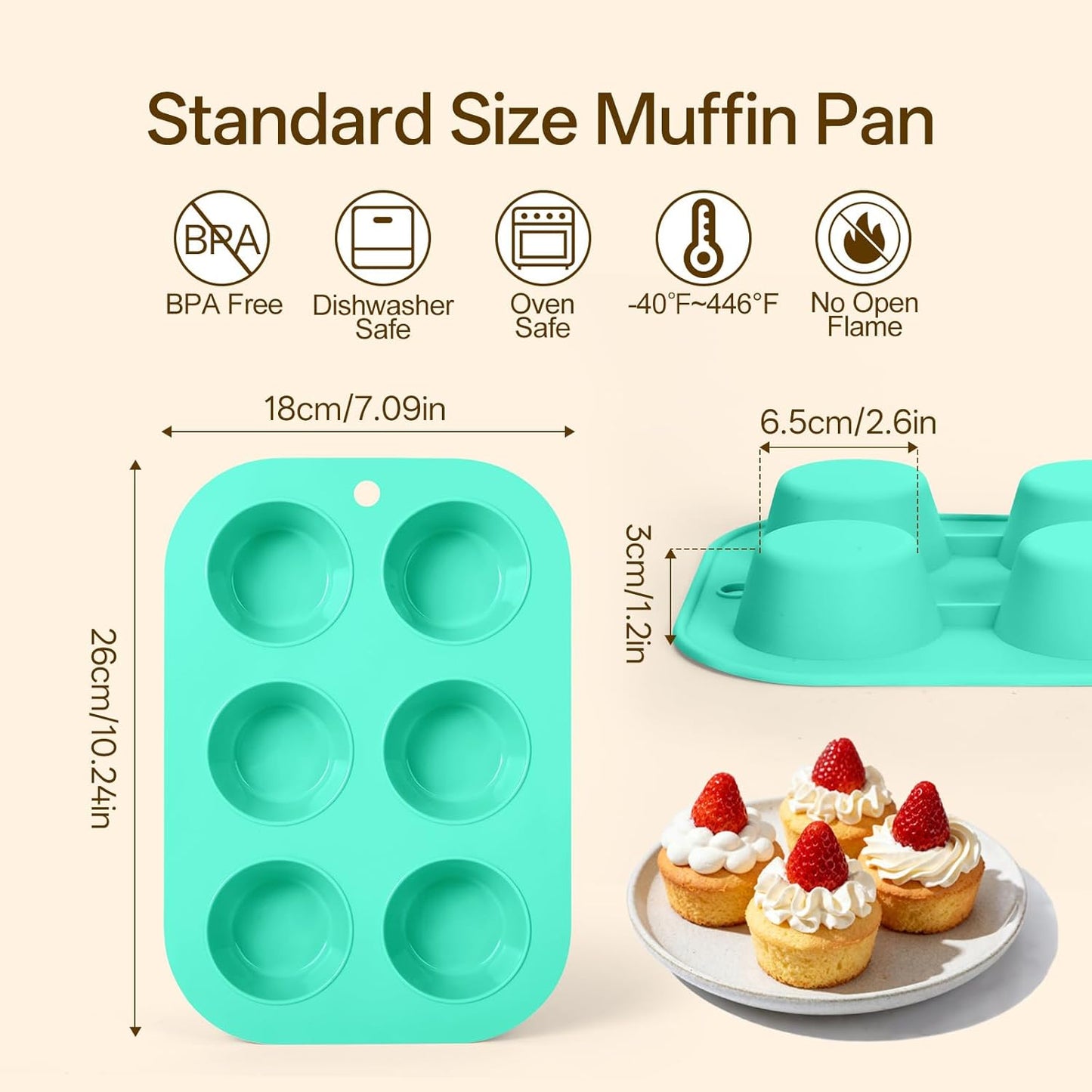 2 Pack Silicone Muffin Pan for Baking, Regular Size Nonstick Cupcake Pan, 6-Cup Silicone Muffin Tin BPA Free Dishwasher Safe, Great for Muffin Cupcake Brownie Egg Tart
