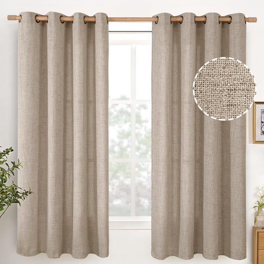 YoungsTex Oatmeal Linen Semi Sheer Curtains 63 lnch Length 2 Panels, Tan Light Filtering Window Drapes Textured with Bronze Grommet for Bedroom Living Room Farmhouse, 52 X 63 Inch