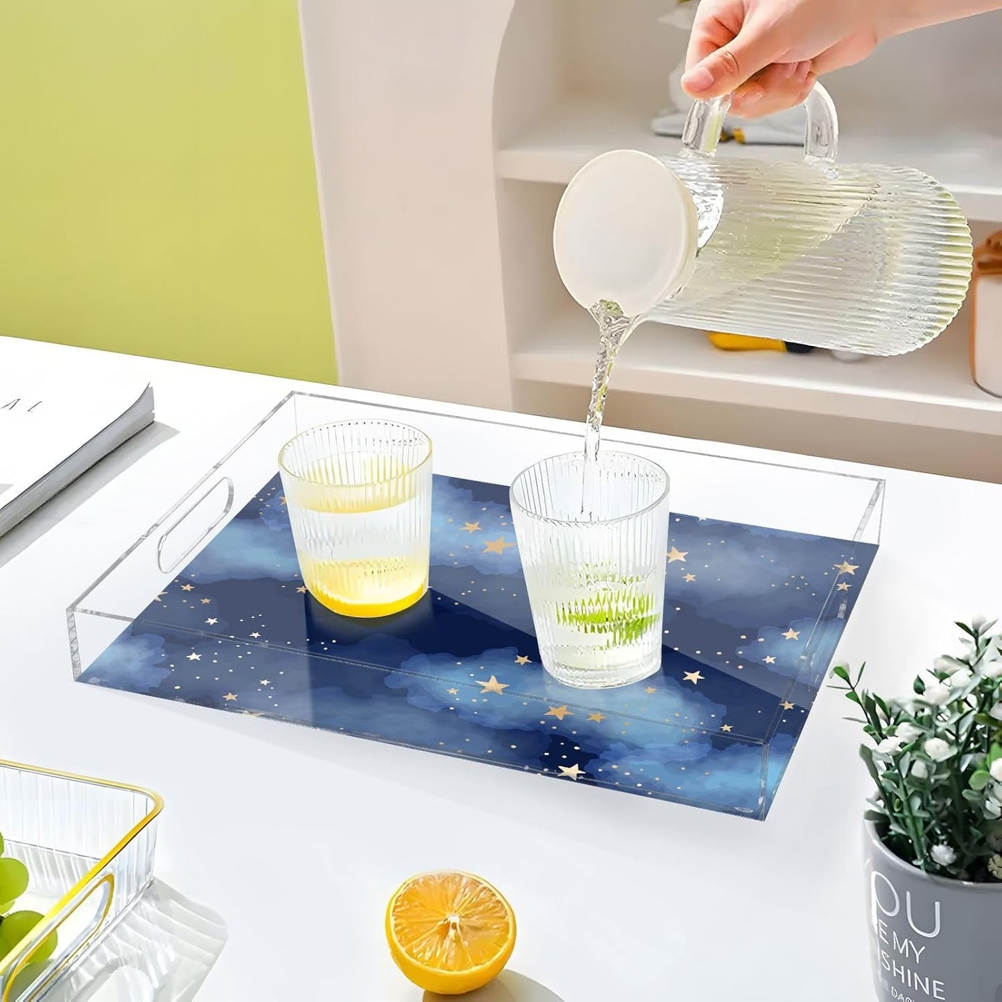 Acrylic Serving Tray with Handles Spill Proof Kitchen Storage Tray Clear Decorative Tray Makeup Drawer Organizer Storage Tray for Bathroom Living Room Ottoman 15.7x11.8Inches