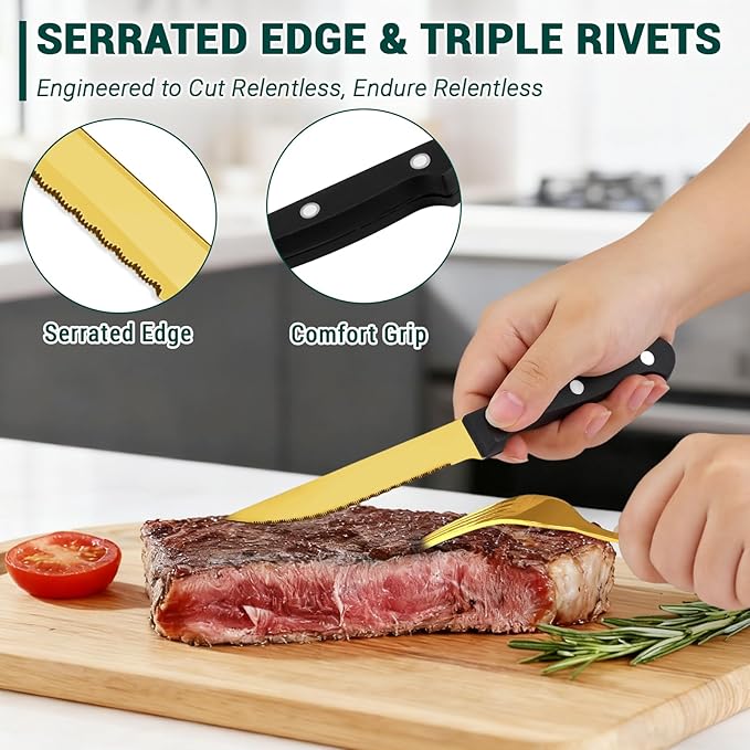 BEWOS 72-Pieces Gold Silverware Set for 12 - Stainless Steel Flatware Set with Mirror Polish, Gold Silverware Set Including Steak Knives, Forks and Spoons, Dishwasher Safe for Restaurant