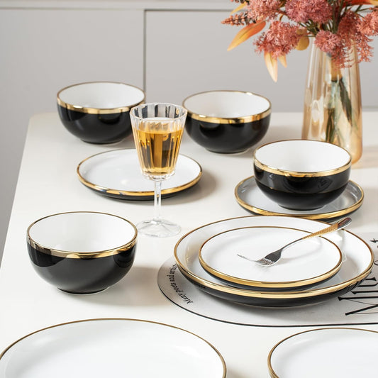 Black Ceramic Dinnerware Sets for 4, 16-Piece Contrast Plates and Bowls Set with Gold Rim, Crack Resistant | Dishwasher & Freezer Safe Dinnerware Set, Service for 4