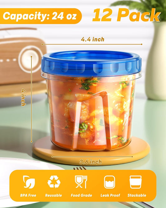 12 Pack-24 oz Freezer Storage Containers, Plastic Food Storage Containers with Twist Top Lids, BPA Free and Reusable Soup Containers with Lids, Leakproof/Microwave/Dishwasher Safe