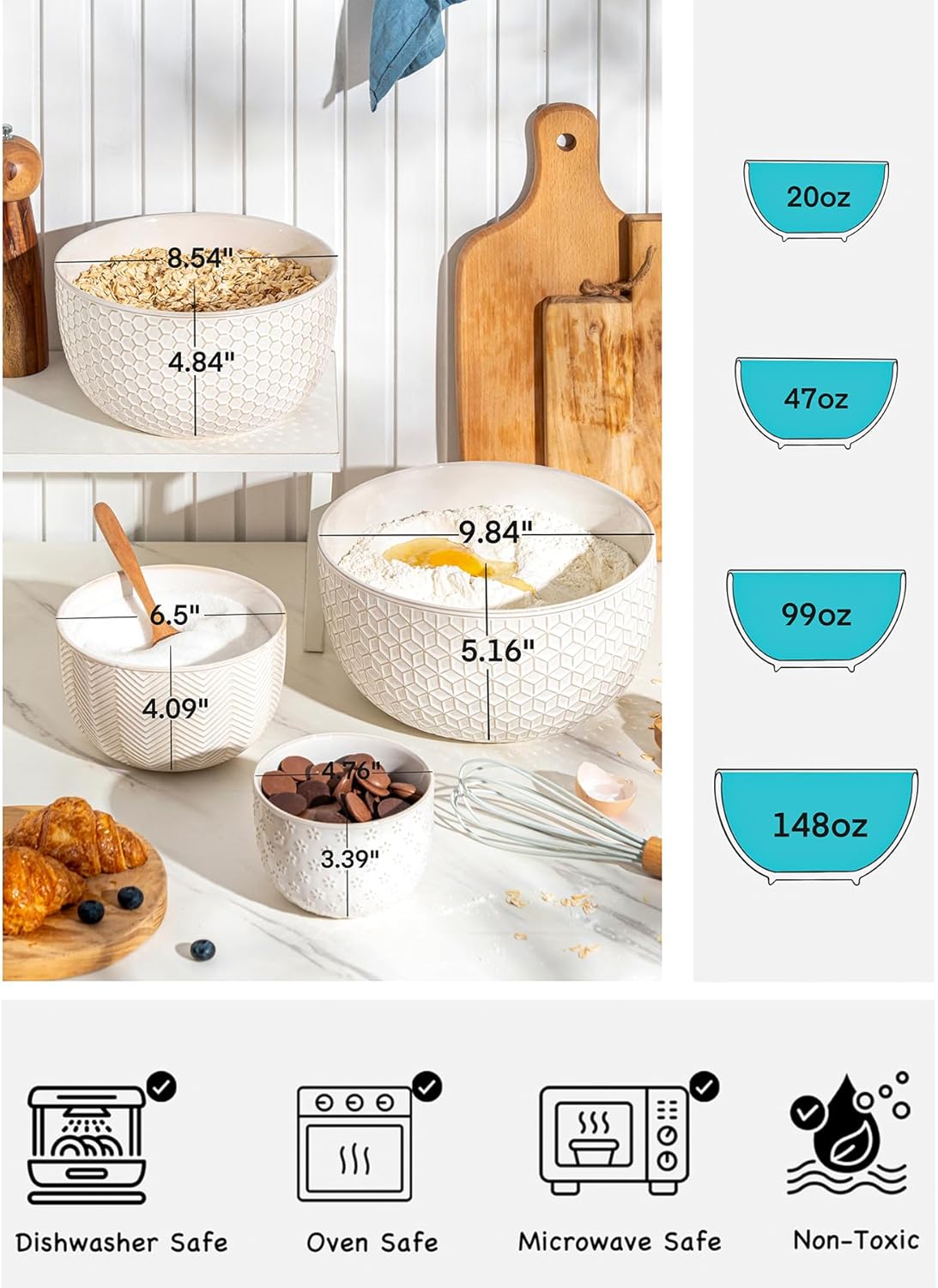 Ceramic Mixing Bowls, Embossed Nesting Bowls, Mixing Bowl Set of 4, Mixing Bowls for Cooking, Baking, Serving, Popcorn, Salad etc, Microwave and Dishwasher Safe, 20/47/99/148 oz, Off-White