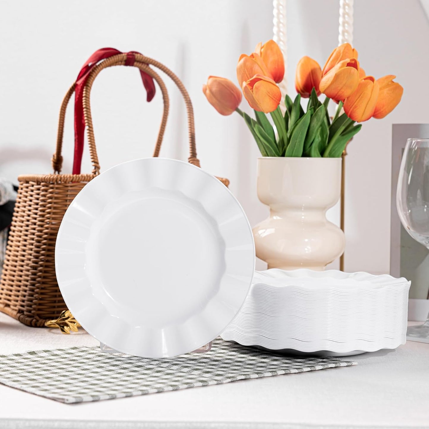 72 Pack White Plastic Plates, 10" Disposable Wave Dinner Plates Elegant Heavy Duty Serving Dishes for Party, Wedding, Thanksgiving, Christmas