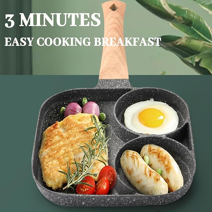 JUSTUP Nonstick Egg Frying Pan, Mini 3-in-1 Nonstick Pan Divided Grill Frying Pan, Heat Resistant Handle 3 Section Skillet Mini Pancake Pan, Cooking Pan for Breakfast, Egg, Bacon and Burgers, 7.3 in