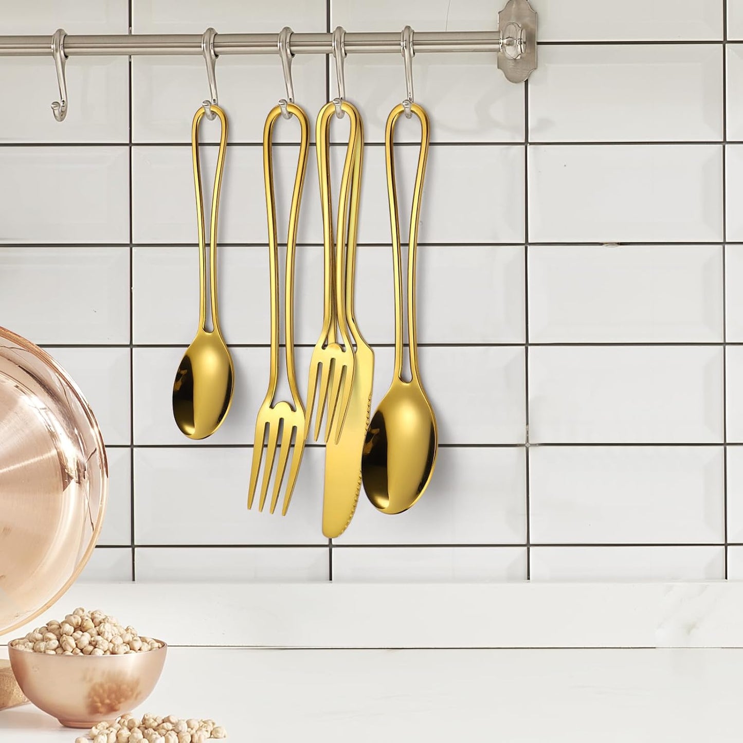 Gold Silverware Hollow 20 Piece Flatware Set For 4 Kitchen Cutlery Stainless Steel Forks Spoons and Knives Unique Utensils Party Festival Restaurant Durable