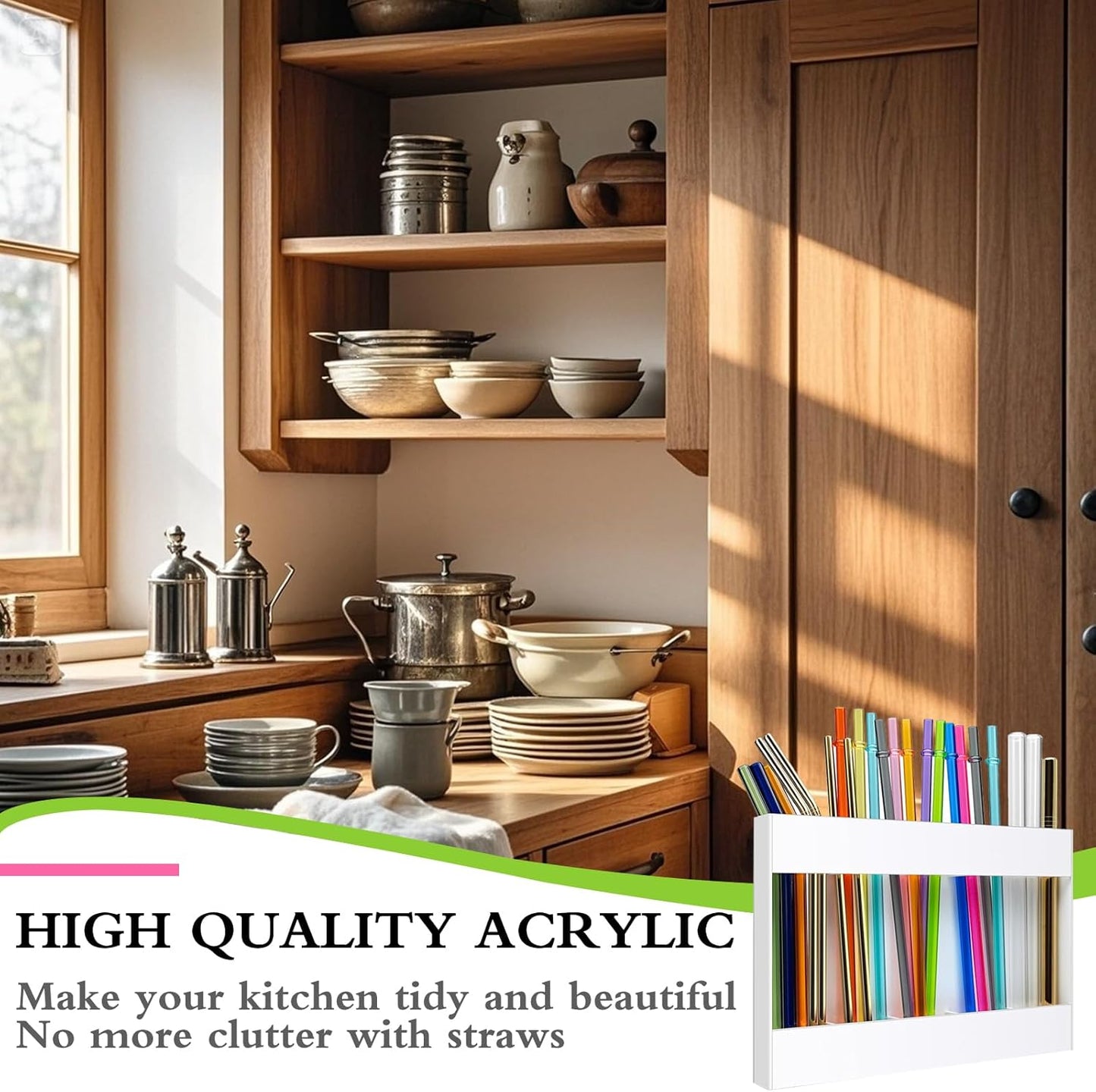 Acrylic Straw Holder Organizer - Cabinet Door Mounted with Adhesive Tape, Reusable Storage for Drinking & Tumbler Straws, Space Saving Kitchen Organization