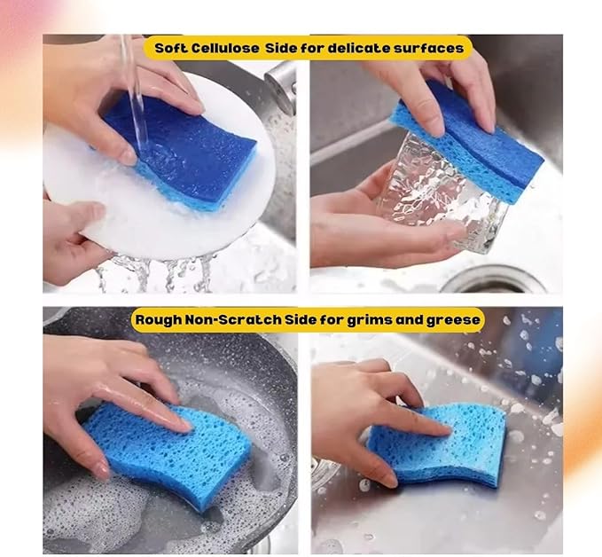 Non-Scratch Cellulose Scrub Sponges, Multipurpose ECO Friendly Plant Based Kitchen Cleaning Sponges, Dual-Sided, with Pan and Grill Scrappers, 12 Pack Blue, Green and Pink