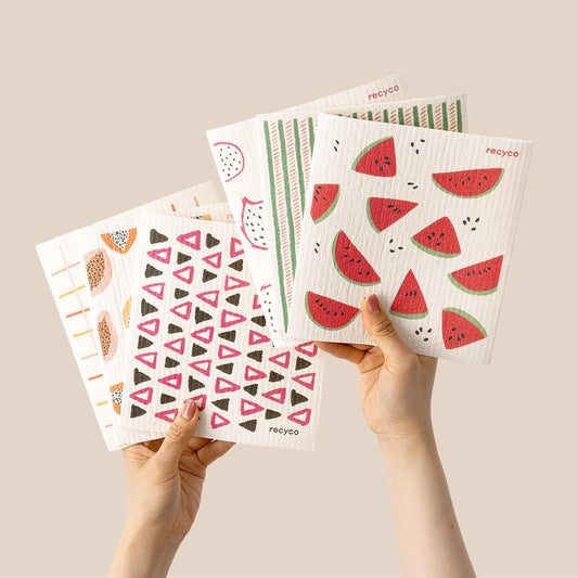 RECYCO Swedish Dishcloths for Kitchen | 6 Pack Tropical Fruit Washable Dish Rags | Cellulose Reusable Cleaning Paper Towels | Absorbent Counter Dish Cloth Sponge Kitchen Wipes, 8" L x 7" W