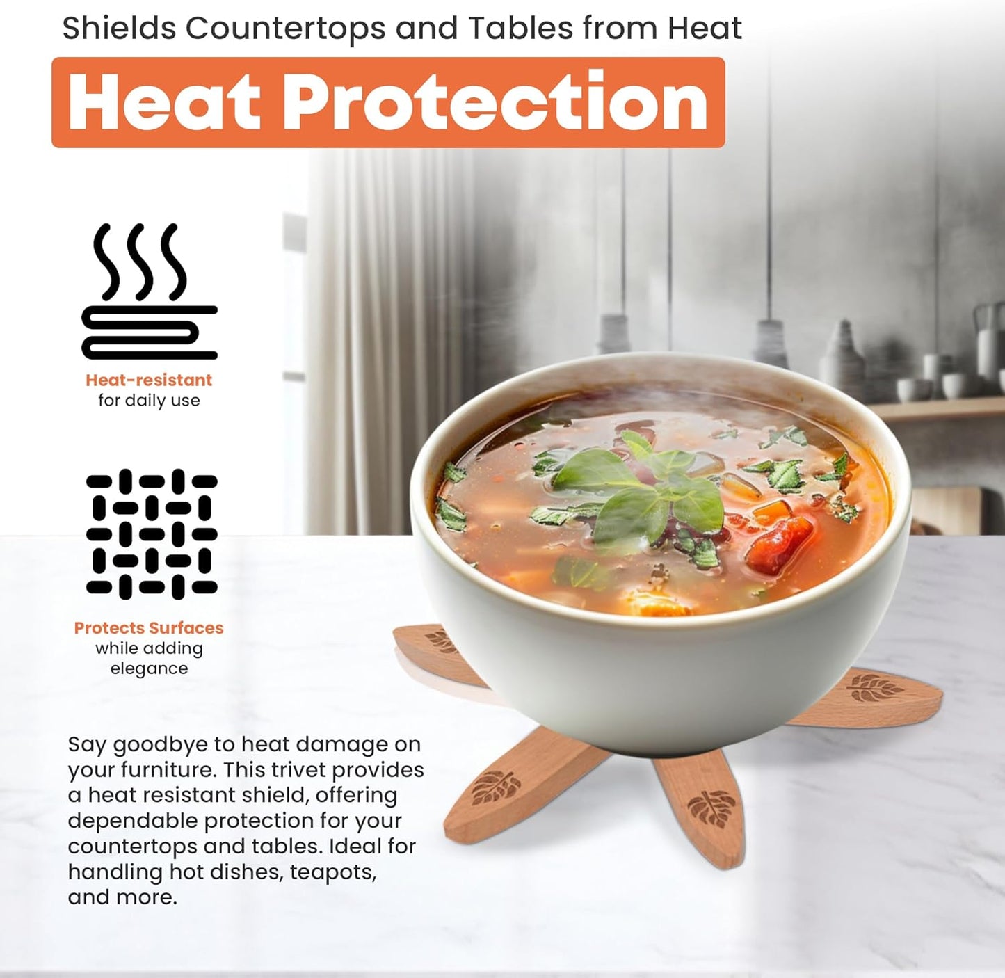 Expandable Wooden Trivets & Coaster Set for Hot Dishes Tree-Shaped Trivet Set – 4 Expanding Trivets + 1 Stand – Heat-Resistant Kitchen Decor for Pots, Bowls, Coffee & Teapots (Beech Wood)