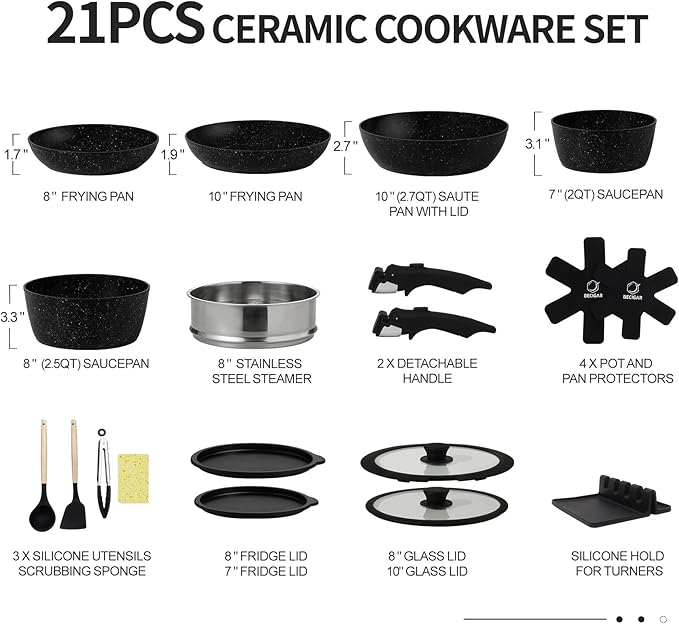 Nonstick Ceramic Cookware Set 21PCS with Detachable Handle, Pans and Pots Set, RV Kitchen Set Cookware Set, Pan Pots with Removable Handles, Oven Safe, Induction Ready(Black)