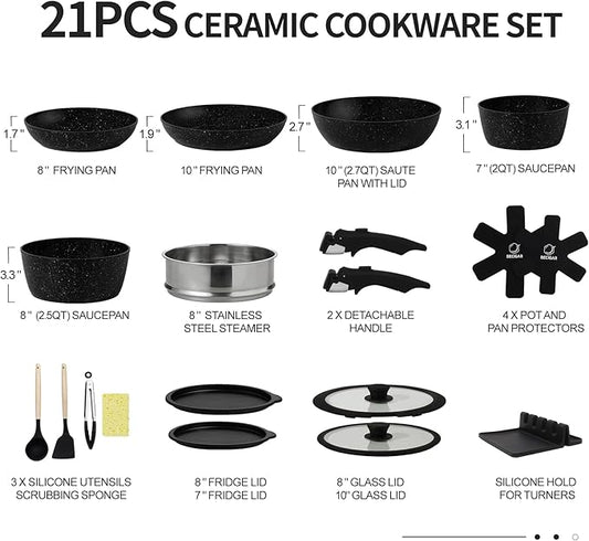 Nonstick Ceramic Cookware Set 21PCS with Detachable Handle, Pans and Pots Set, RV Kitchen Set Cookware Set, Pan Pots with Removable Handles, Oven Safe, Induction Ready(Black)