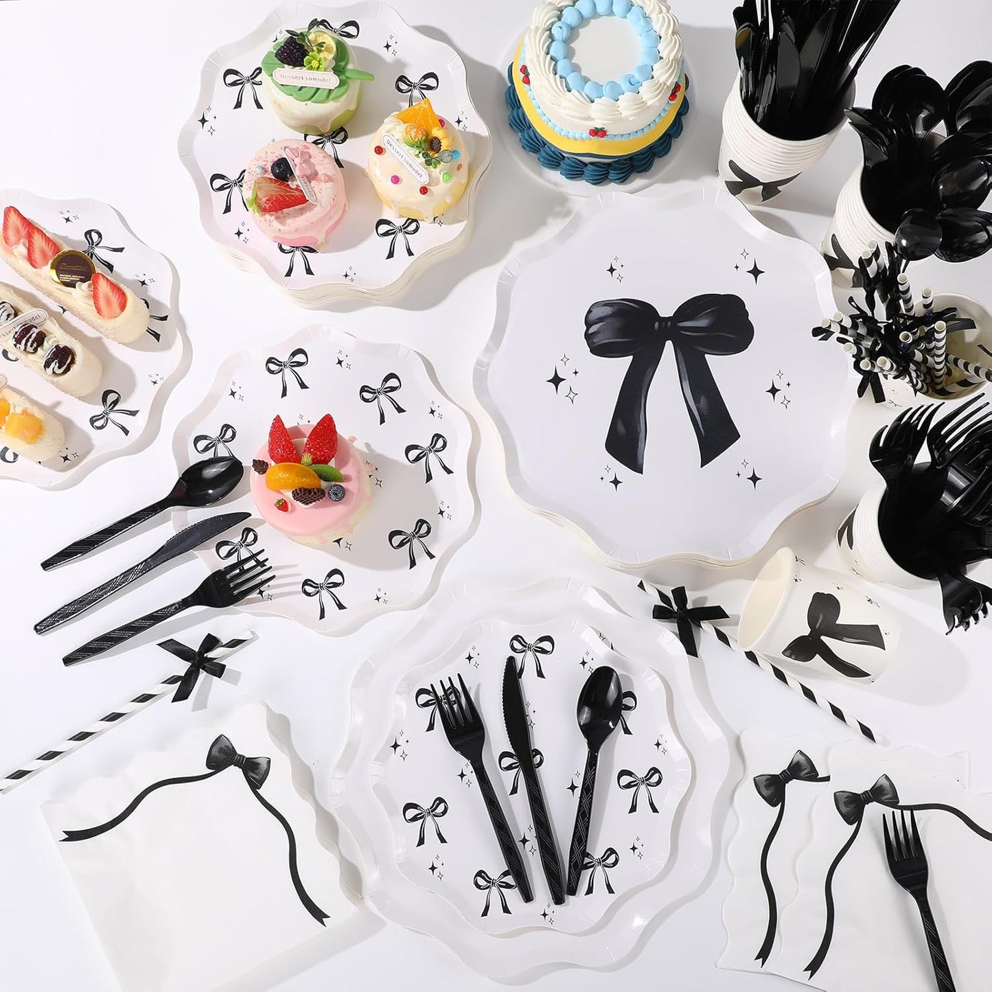 Sawysine 202 Pcs Black Bow Party Supplies Disposable Dinnerware Set 50 Plates 25 Cups 25 Napkins 25 Plastic Forks 25 Knives 25 Spoons 25 Straw Flag Tablecloth to Serve 25 Guests
