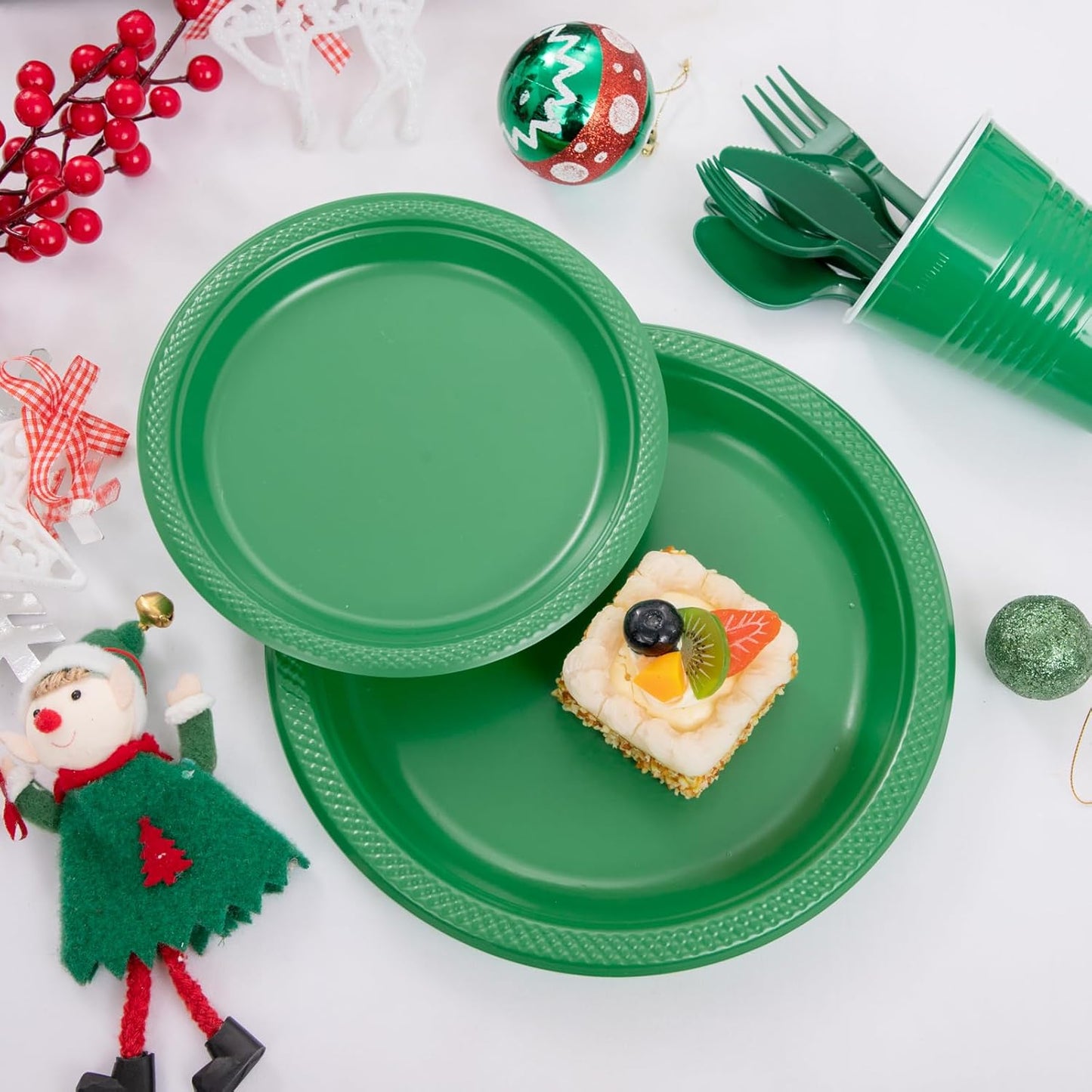 MirthMood 350pcs Green Party Supplies, Disposable Plates Set, Including Green Plastic Plates and Napkins, Plastic Cutlery and 12OZ Cups, Serve 50 Guests