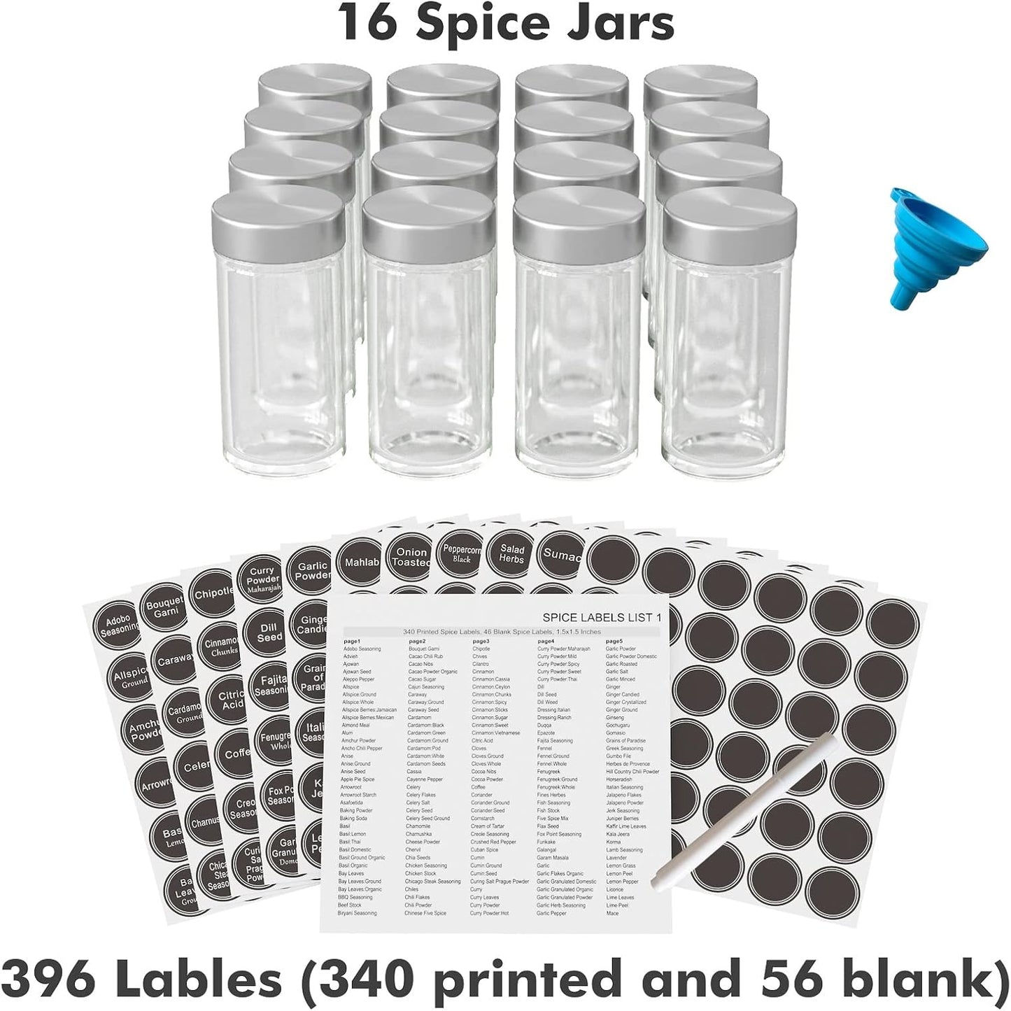 New England Stories Revolving Spice Rack Set with 16 Spice Jars, Kitchen Spice Tower Organizer for Countertop or Cabinet - Carousel Storage Includes 386 Spice Labels