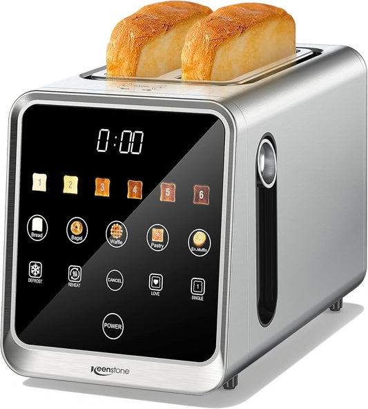 Keenstone Toaster 2 Slice, Digital Smart Toaster with TouchScreen, Dual Control Panel, Single Slot Toasting, Timer, Reheat & Defrost for Bagels, Bread, Waffles, Stainless Steel Kitchen Essentials