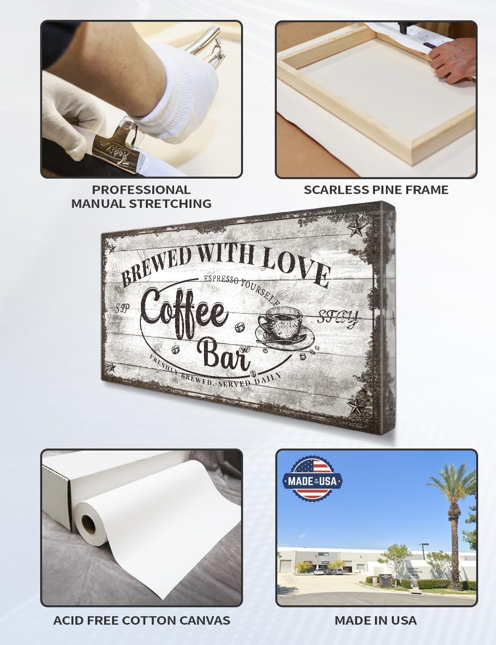 IPIC - Vintage Coffee Bar Sign Brewed with Love, Canvas Print Wall Art for Cafe, Farmhouse Style Wall Decor for Home Kitchen and Coffee Station