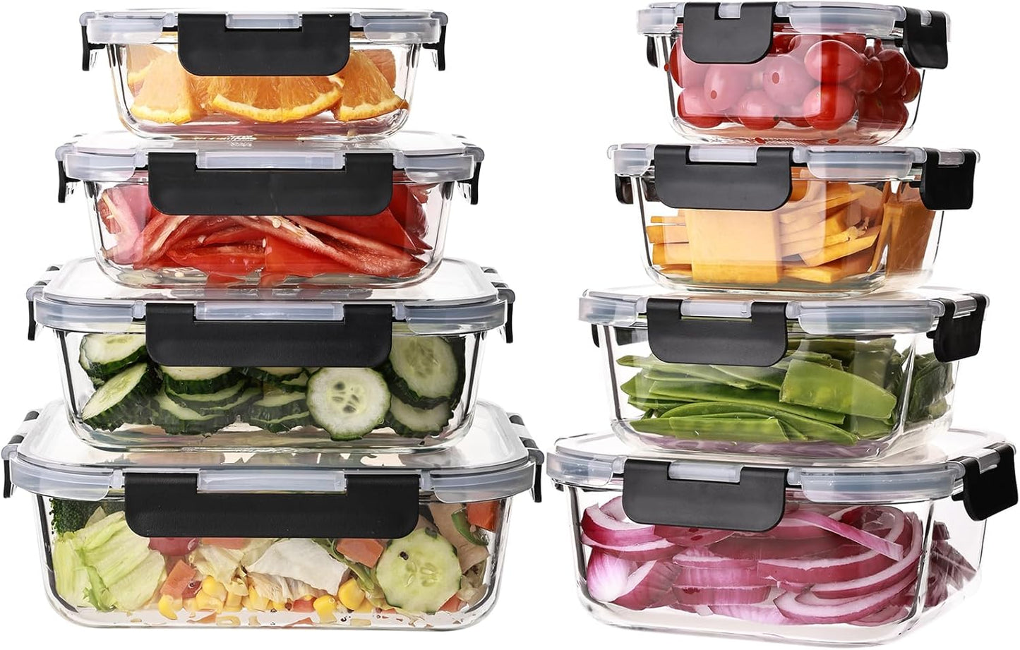 8 Pack Glass Meal Prep Containers with Lids, Extra Thick Airtight Food Storage Set (310ml-1510ml/10.5oz–51oz), Leakproof Lunch Boxes for Leftovers