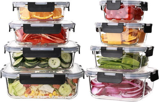 8 Pack Glass Meal Prep Containers with Lids, Extra Thick Airtight Food Storage Set (310ml-1510ml/10.5oz–51oz), Leakproof Lunch Boxes for Leftovers