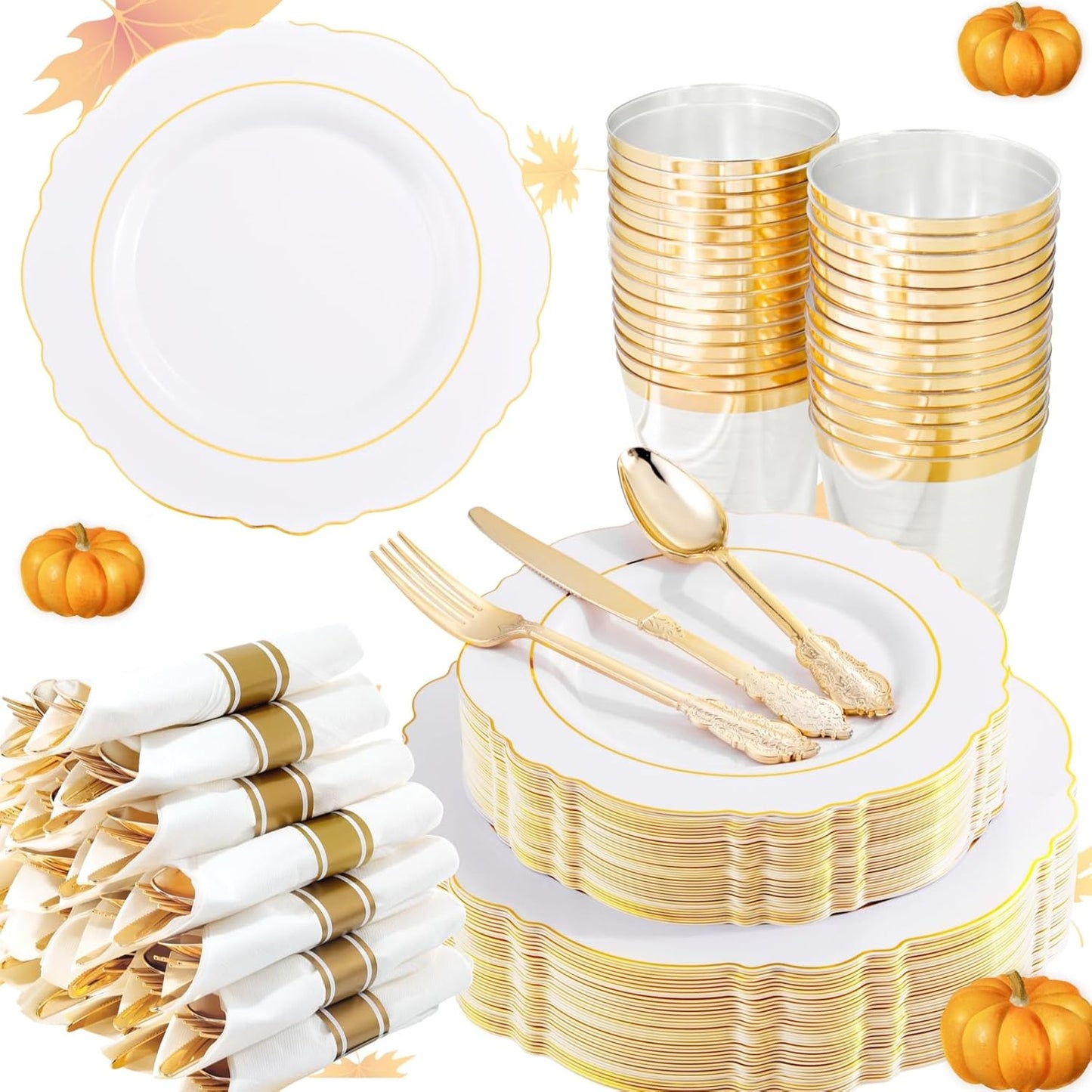 Liacere 350PCS Gold Plastic Plates-Disposable White and Gold Plates 50guest Baroque Plastic Dinnerware include 100Plates, 50Pack Pre Rolled Napkins with Silverware 50Cups for Wedding&Thanksgiving