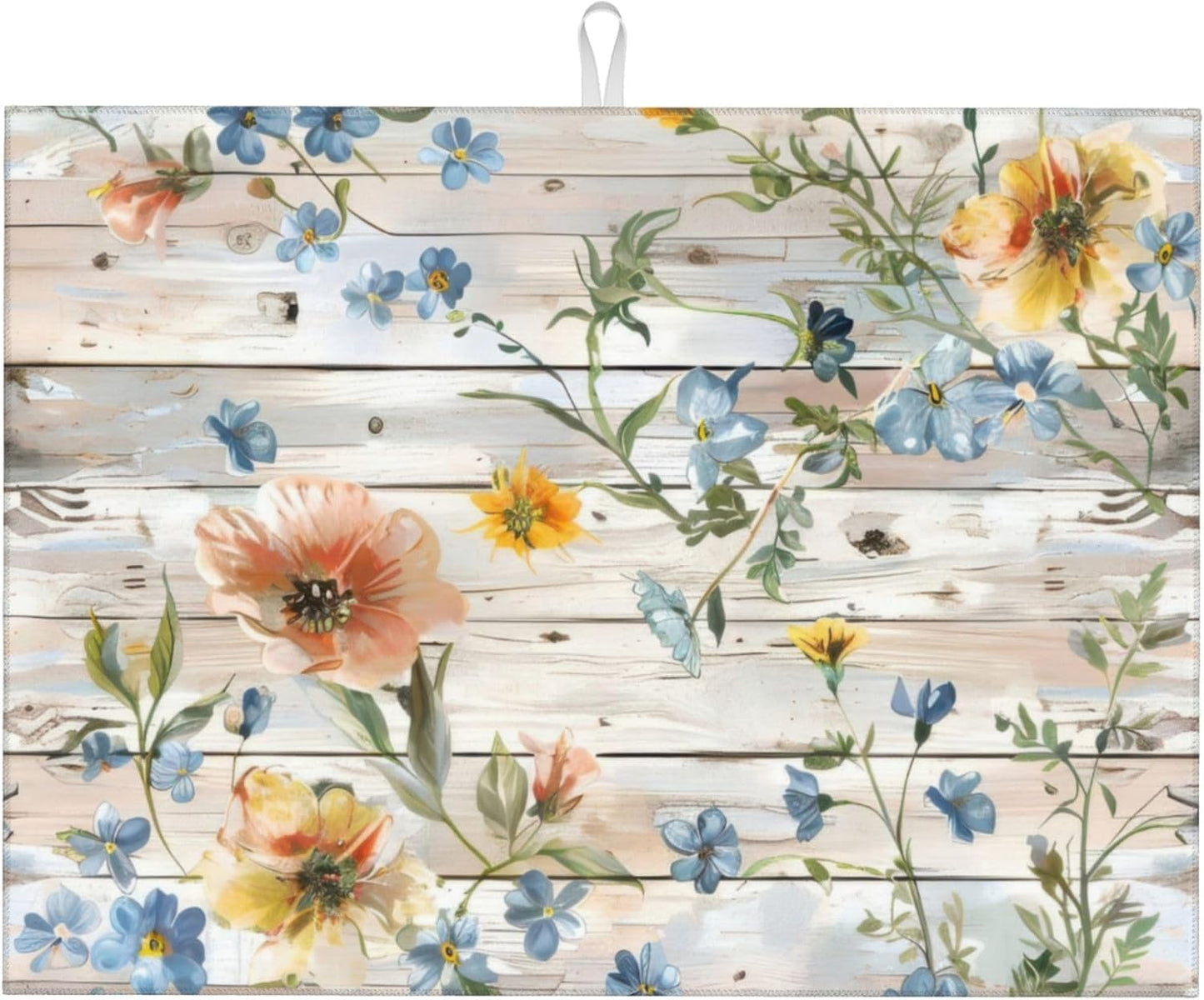 Flowers on Wooden Board Dish Drying Mat 18x24 Inch, Microfiber Absorbent Fast Dry Mat Floral Large Dish Mat Drying Kitchen Mat, Kitchen Drying Pad for Kitchen Counter Coffee Bar Decor Gifts