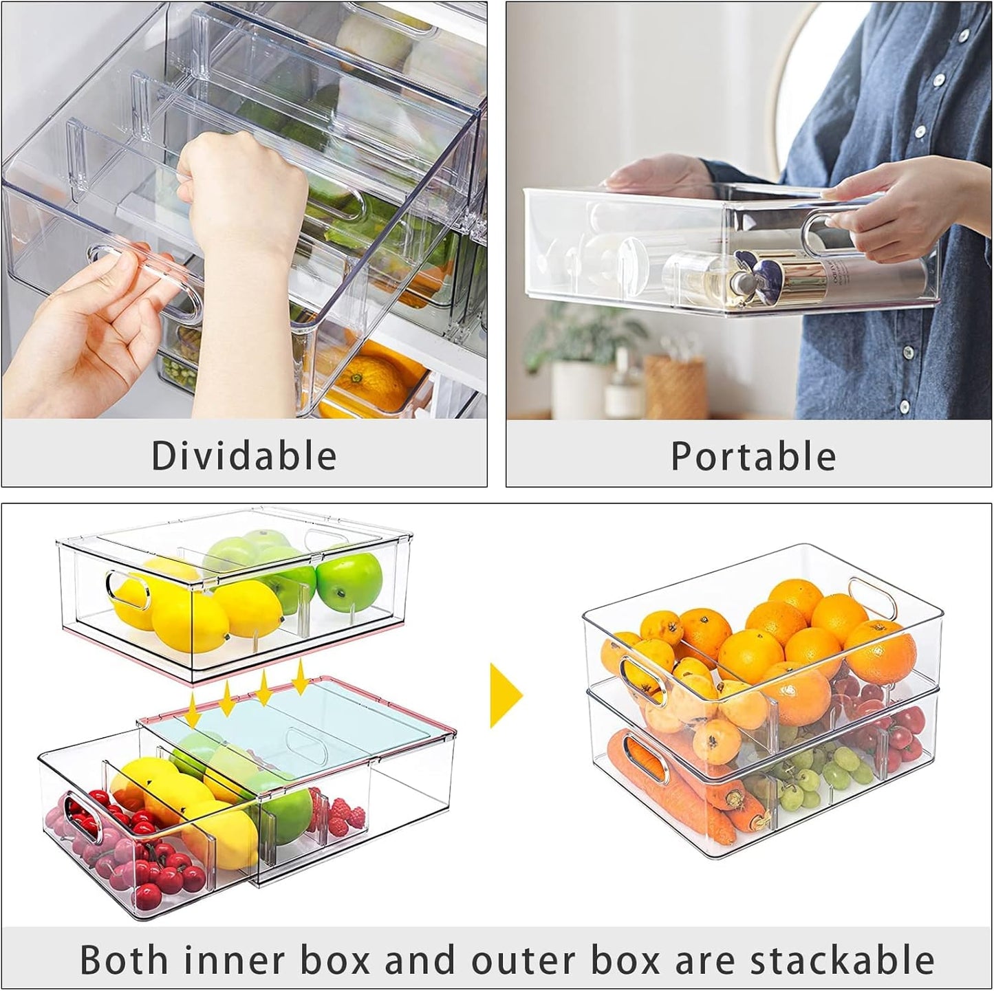 Mano Stackable Fridge Drawers Pull Out Bins with Handle Clear Refrigerator Drawers Organizer Food Storage Container Box with Dividers Plastic Produce Saver for Pantry, Cabinet, Kitchen, Clothes（7Pack）